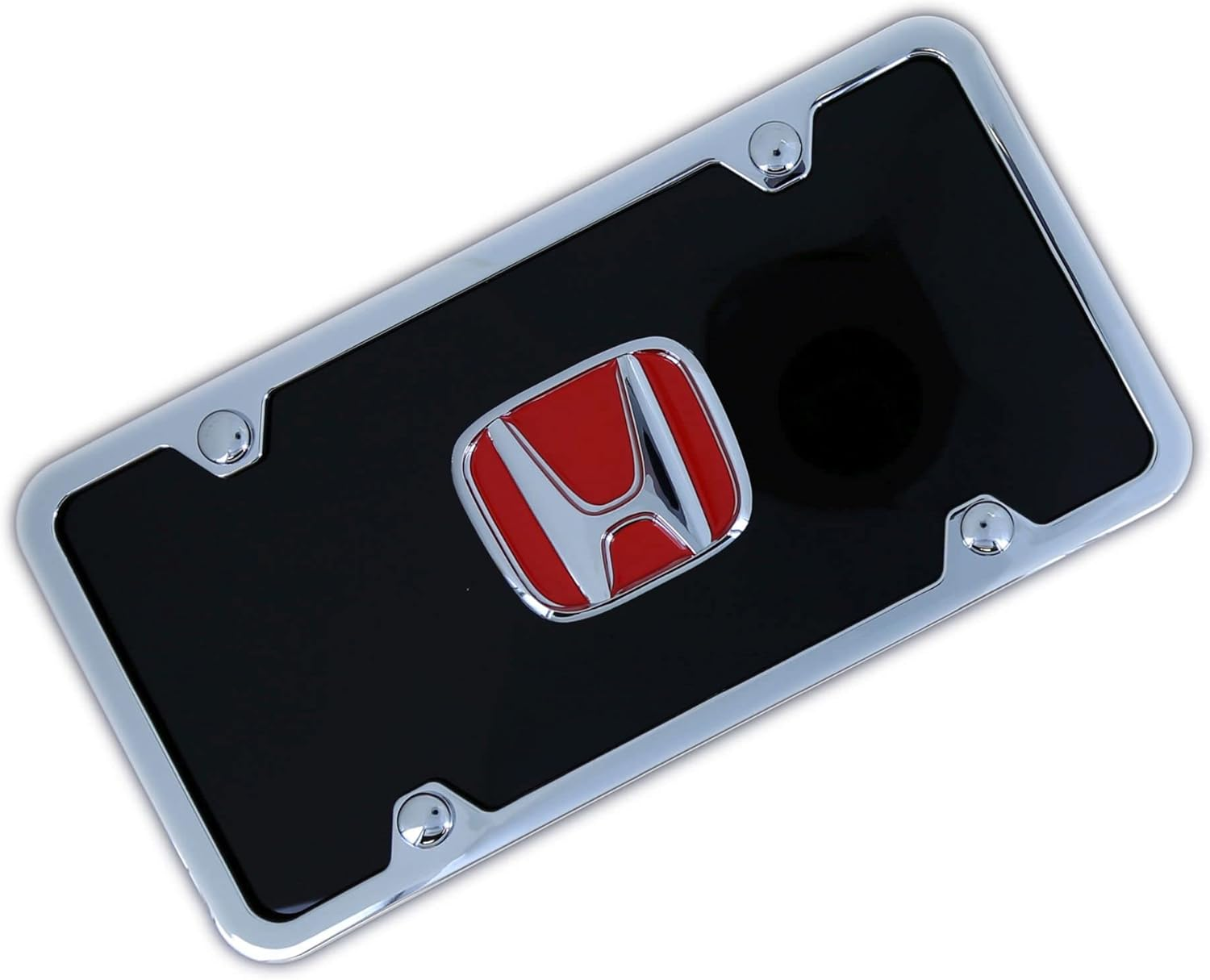 Honda Red Logo Black Acrylic License Plate with Chrome Frame Kit image number 1