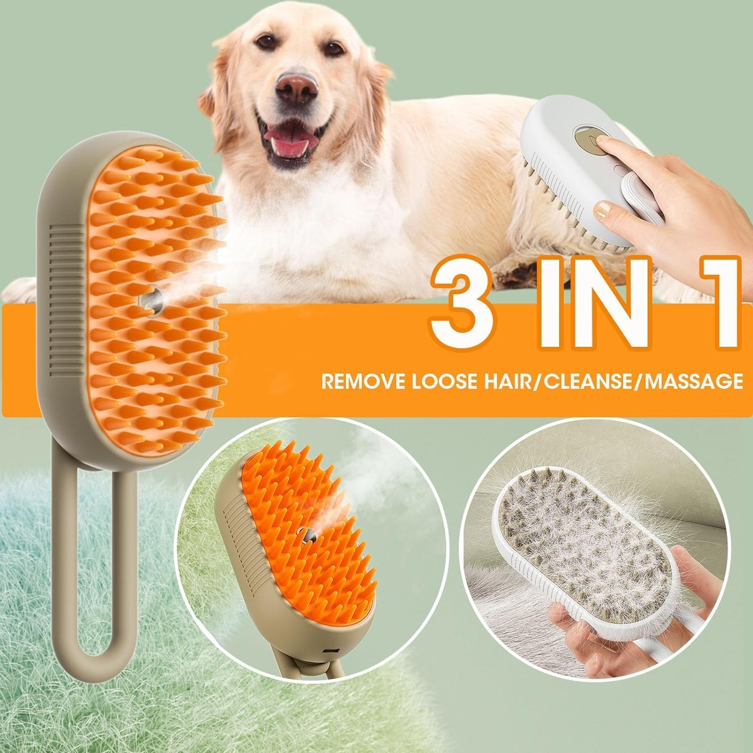 3 in 1 Steam Dog Cat Brush Spray Massage Comb for Cats, Long / Short Hair Dog Brush with USB Charger, with Water Tank, Cat Brush for Massage (Brown)