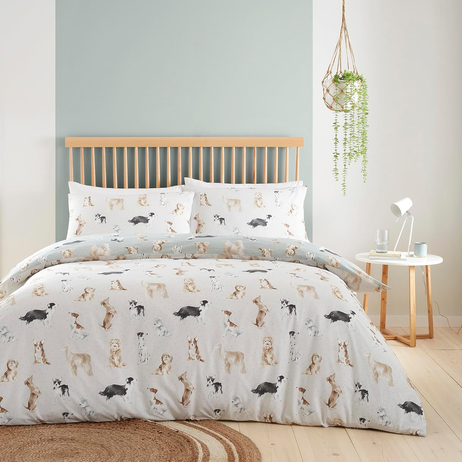 Fusion - Duck Egg Blue Dog Duvet Cover - Single Bedding Size (140 X 200Cm) - Reversible Design (Beige & Duck Egg Blue) - Dog Paw Print Bedding - Animals Print - Shih Tzu, French Bull and Poodles Dogs