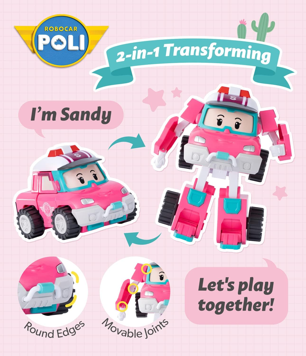 Robocar Poli Sandy Transforming Robot, 4" Transformable Action Toy Figure Vehicle, Emergency Vehicle Playset, Holiday Birthday Rescue Car Toys Gift for Boys Girls Age 1 2 3 4 5
