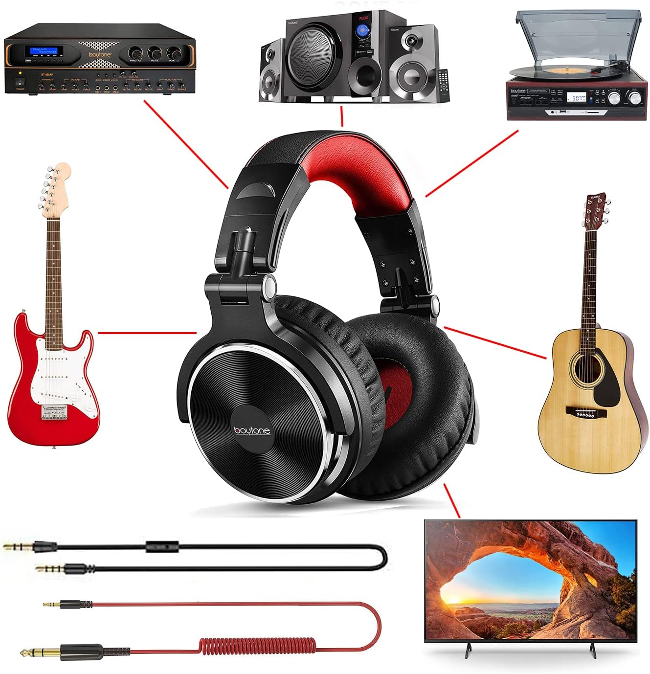 Boytone BT-10RD Wired over Ear Headphones Studio Monitor & Mixing DJ Stereo Headsets with 50Mm Drivers and 1/4 to 3.5Mm Audio Jack for Audio Mixer Computer, Phone, Guitar, Laptop, Amplifier image number 2