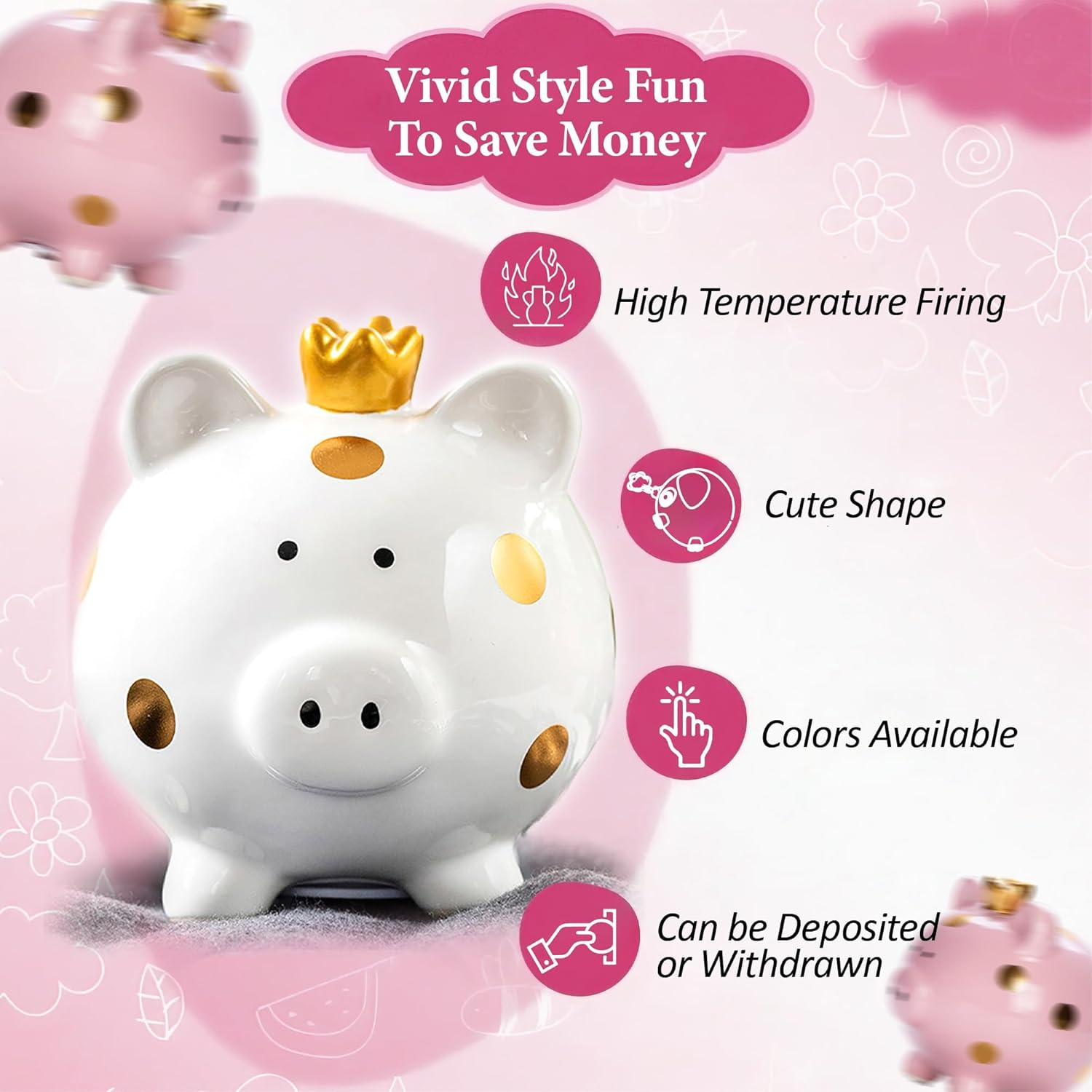 ATDORO 1 Pack Piggy Bank for Girls, Small Ceramic Money Saving Bank for Boys, Porcelain Decor Coin Box, Little Decoration Pig Money Container (Pink) image number 6