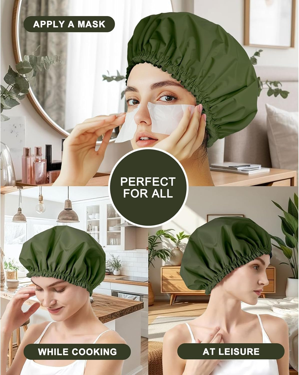 Shower Cap for Women, Double Layer Waterproof Bath Cap, Reusable Hair Protector, Large Waterproof Shower Bonnet Washable Elastic Band Bath Hair Hat for Long Hair, Braids， - Dark Green image number 1