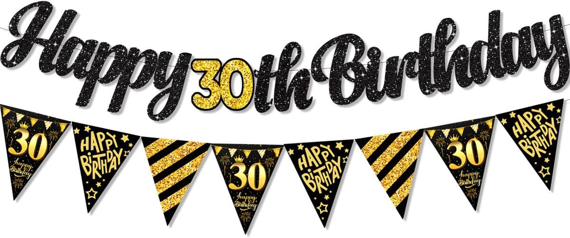 Black and Gold 30Th Birthday Party Decorations Happy Birthday Banner with Hanging Swirls and Cake Topper Ceiling Streamers Decor for Birthday Party Supplies (30Th) image number 6