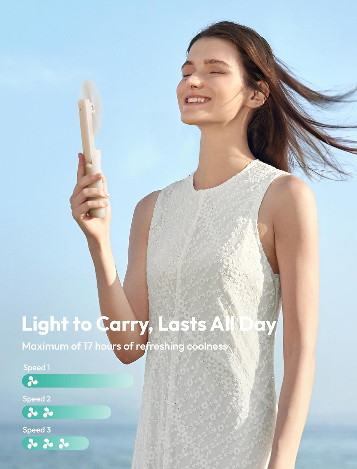 Aecooly Slim Portable Fan, Thin Handheld Fan, USB Rechargeable Mini Personal [17H Max Cooling Time], Battery Powered Small Foldable Pocket for Travel, Summer, Gifts for Women, Girls -Beige image number 4