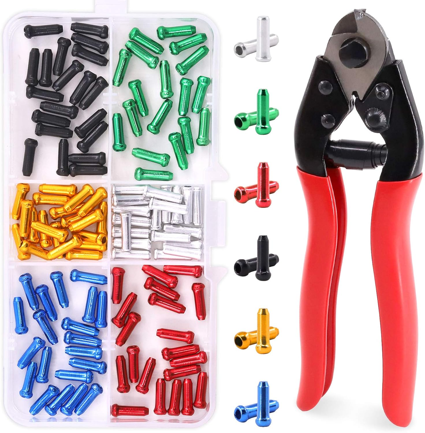 Glarks 121Pcs Bike Cable End Caps with Cable Cutter Set, 120Pcs 6 Colors Cable End Crimps Brake Cable End Caps with Stainless Steel Wire Rope Aircraft Bicycle Cable Cutter up to 5/32" image number 1