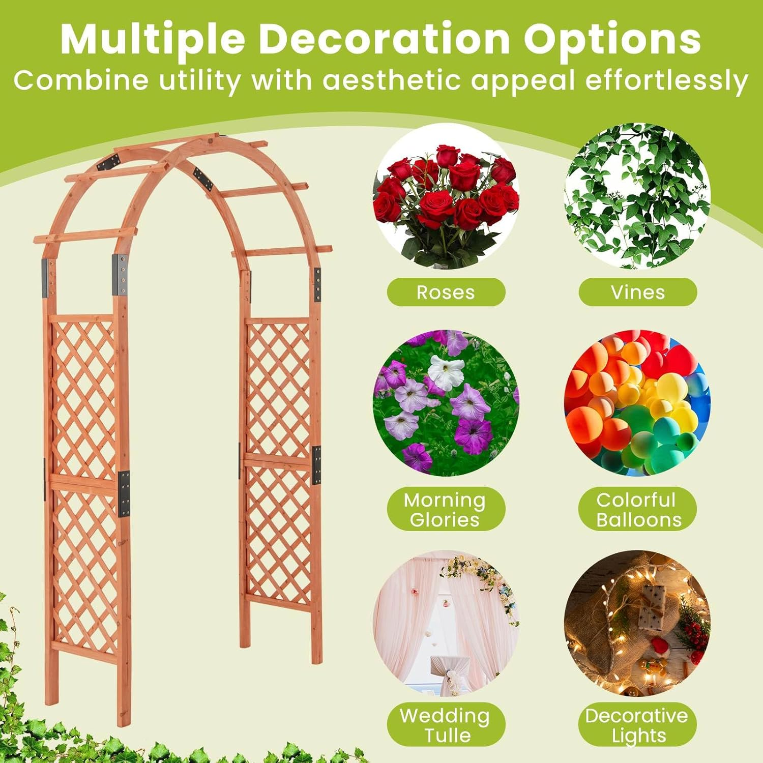 Costway 235 Cm Garden Arch Wooden Arbor, Outdoor Wood Trellis for Climbing Plants, Wedding Arch for Ceremonies Parties, Solid Wood Backdrop Stand, Backyard Pergola, Greenhouse Patio Lawn Decoration image number 2