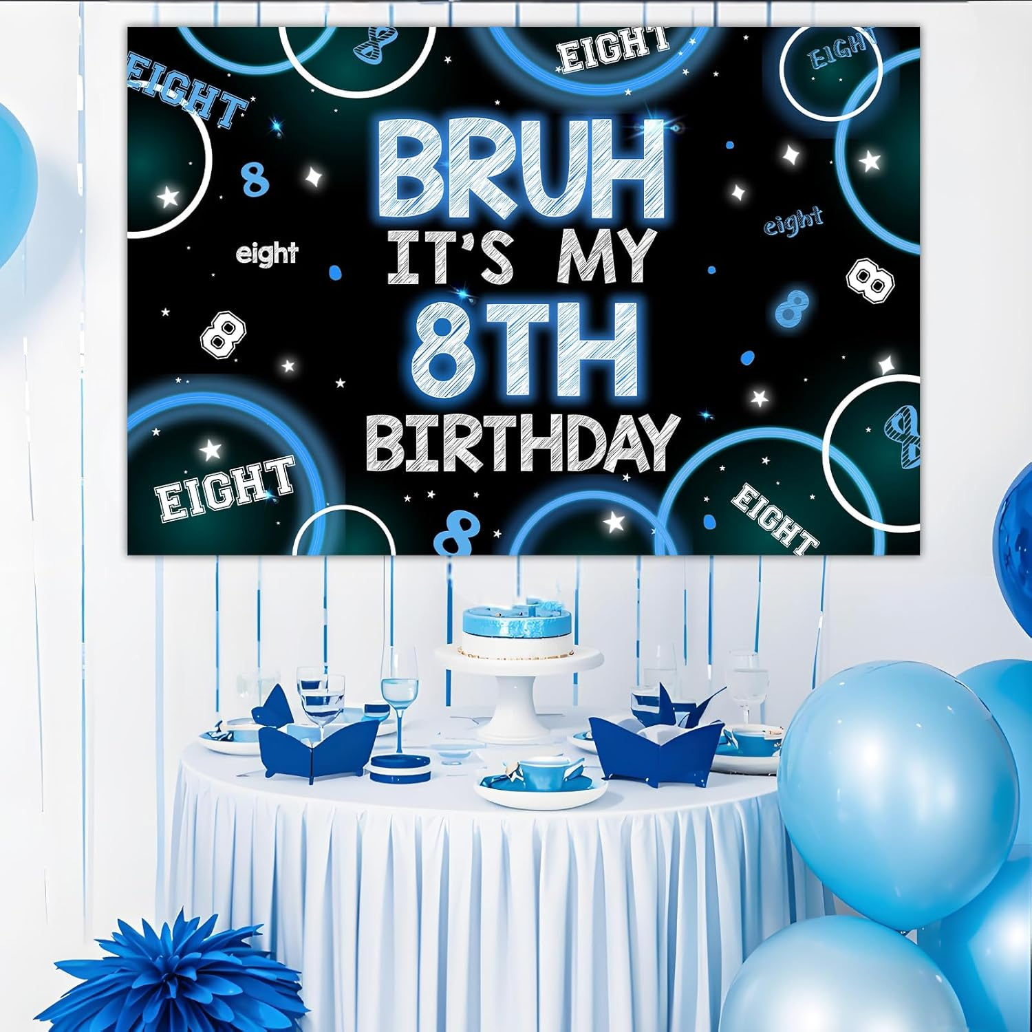 Wonmelody Bruh It&rsquo;S My 8Th Birthday Decor 4.92*3.28Ft Bruh It&rsquo;S My 8Th Birthday Backdrop Banner Blue Black 8Th Birthday Decor for Boy Happy 8Th Birthday Party Supplies Eight Years Old Photo Booth Prop image number 2