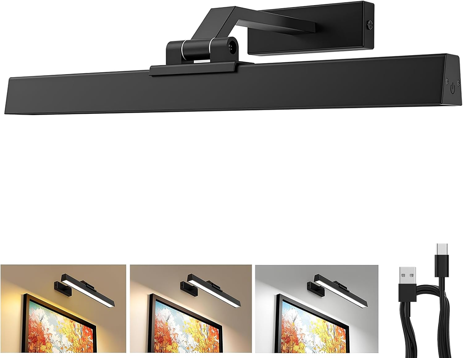 Picture Lights for Wall, Battery Operated Picture Light 16In Gallery Light for Paintings CCT Dimmable Recharging Battery Wall Light with Remote Control for Living Room Dartboard Art Black