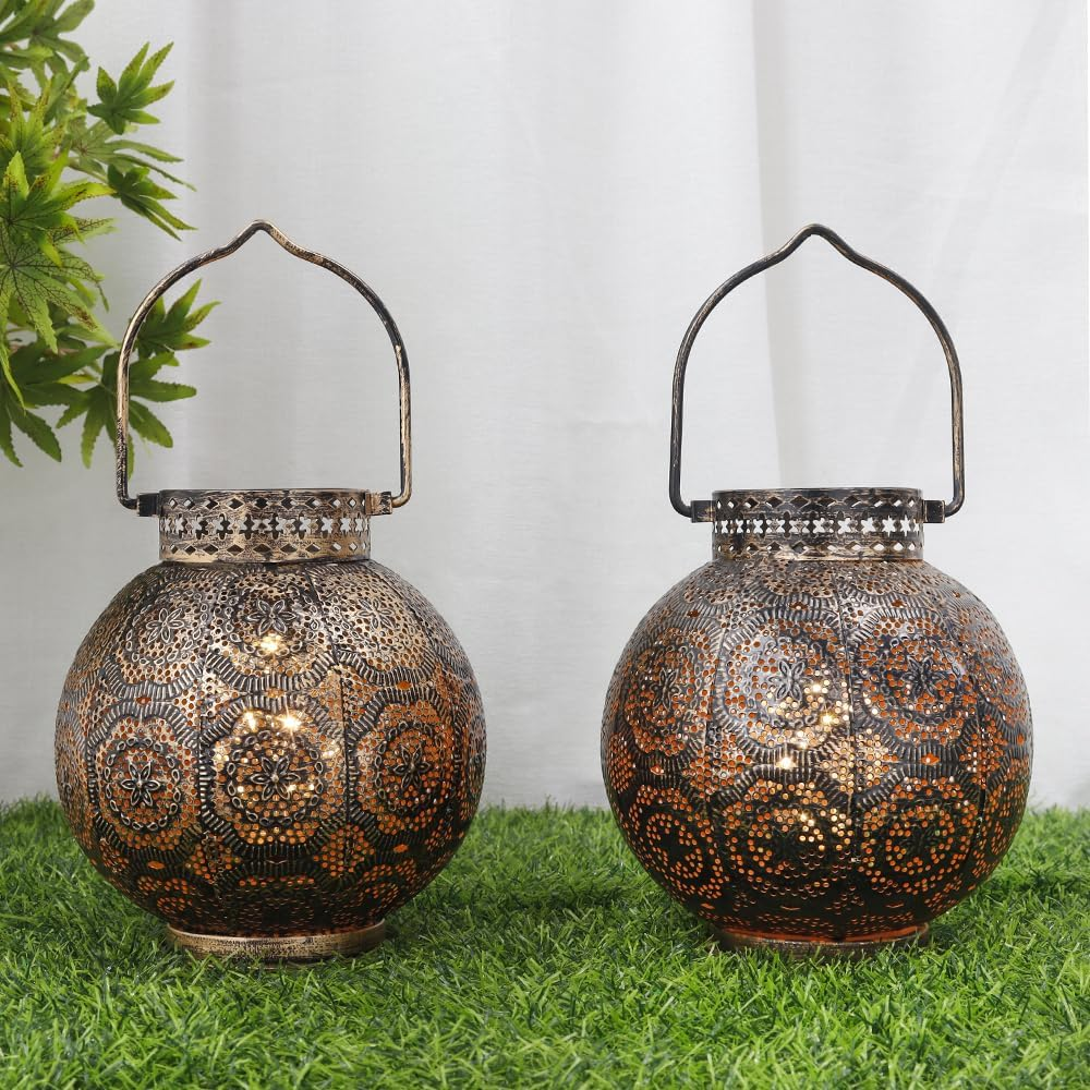 TRIROCKS Set of 2 Moroccan Decorative Lamps 7'' High Battery Powered Cordless Lamp Metal Table Lamps with Fairy Lights Bulb for Home Living Room Garden Yard Party Events Tabletop Indoor Outdoor(Brown) image number 4