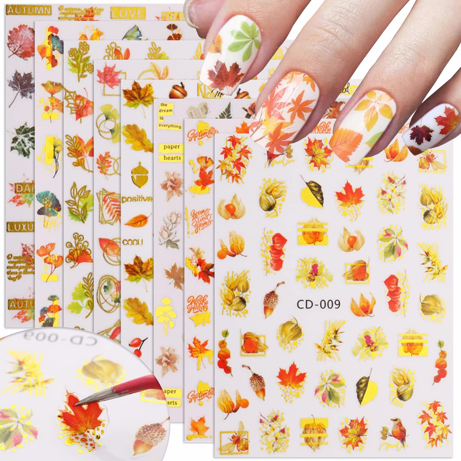8 Sheets Nail Stickers Autumn Leaves Nail Stickers Self-Adhesive Gold Leaves Nail Tattoos Nail Design DIY Thanksgiving Nail Decoration for Women Girls image number 1
