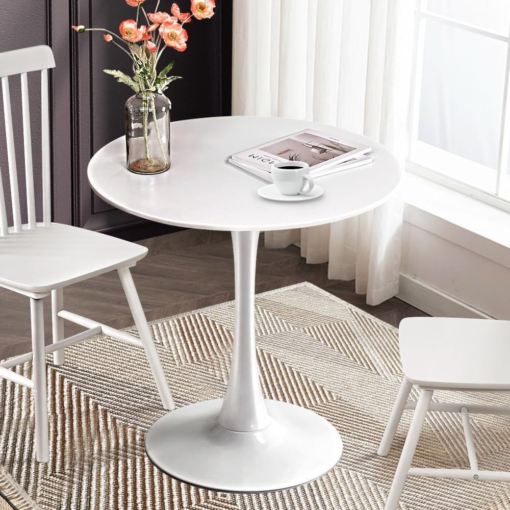 Furb 70Cm round Dining Table for 2, Outdoor Small White Tulip Patio Coffee Table, Wooden Tabletop and Steel Leg