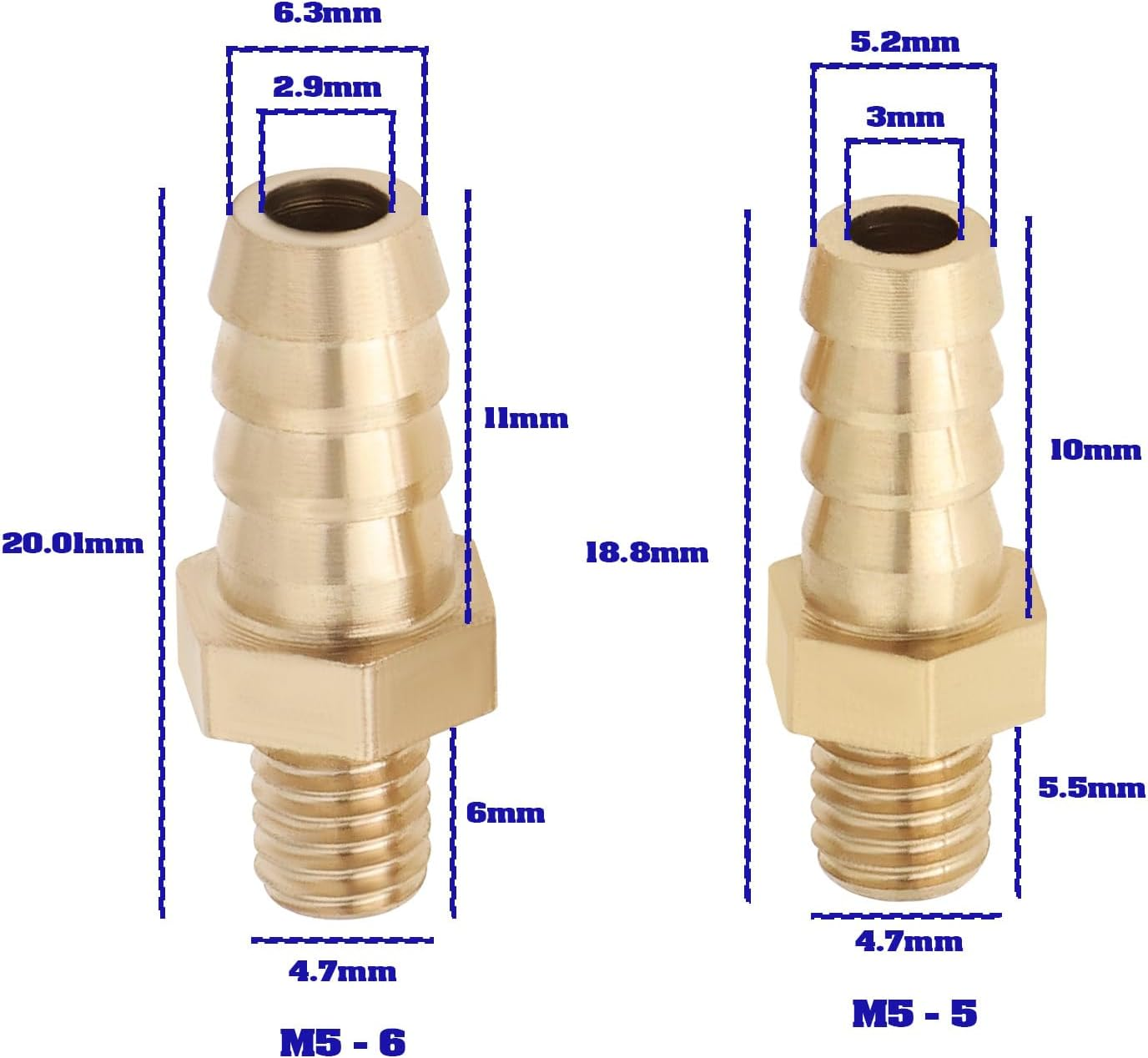 LT Easiyl 4PCS Brass Barb Hose Tail Connector Metric M5X0.8-5Mm and M5X0.8-6Mm for Pond Pool Hose Pipe Adapters Hose Barb Tail Connector Male Thread Pipe Fitting Gold