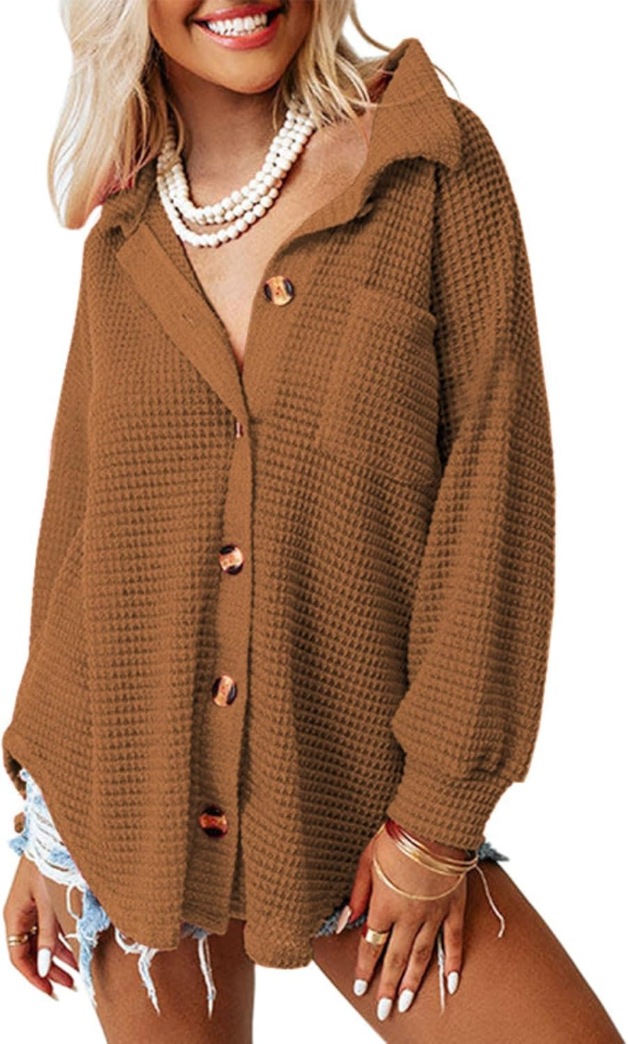 Women&rsquo;S Waffle Knit Shacket Jacket Casual Long Sleeve Blouses with Pocket Button down Shirts Dressy