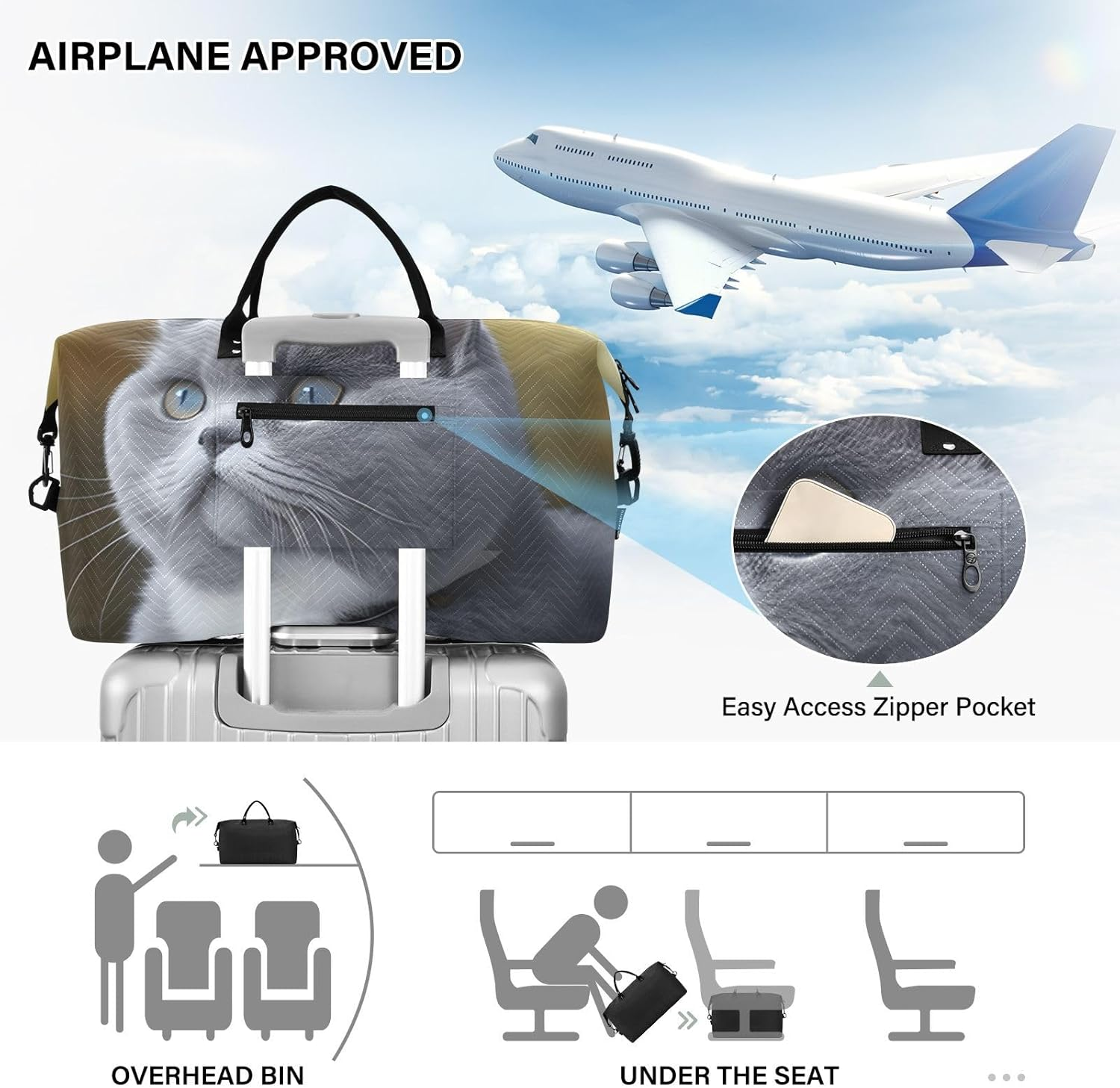 XYMZR Large Travel Duffel Bag, Grey Kitten Close up Sports Tote Gym Bag, Shoulder Weekender Overnight Bag for Women Men, Carry on Luggage with Toiletry Bags, Multi-Colored, Multi-Colored image number 2