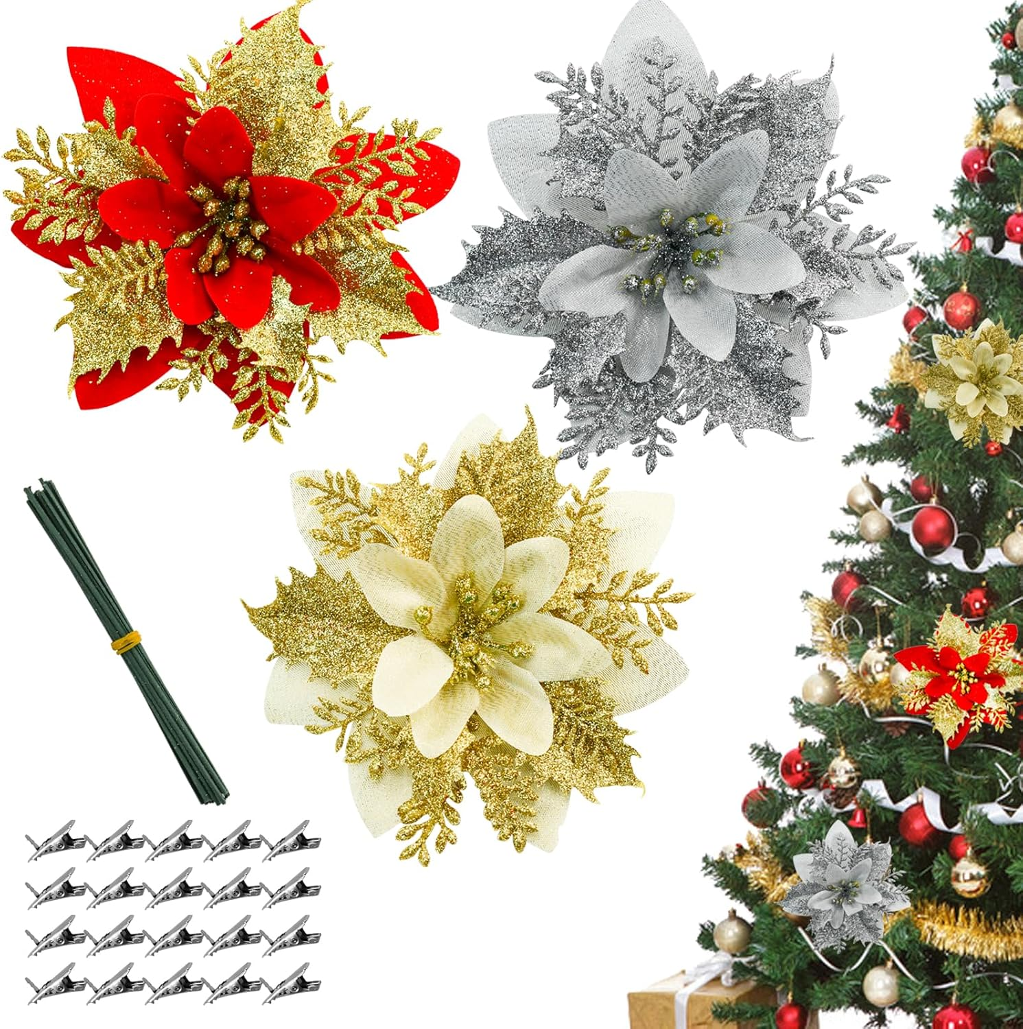 24PCS Glitter Poinsettia 5.1" Artificial Christmas Flowers with Clips Stems Fake Flowers for DIY Wreath Garland Xmas Tree New Year Wedding Party Ornament (Mix Color)