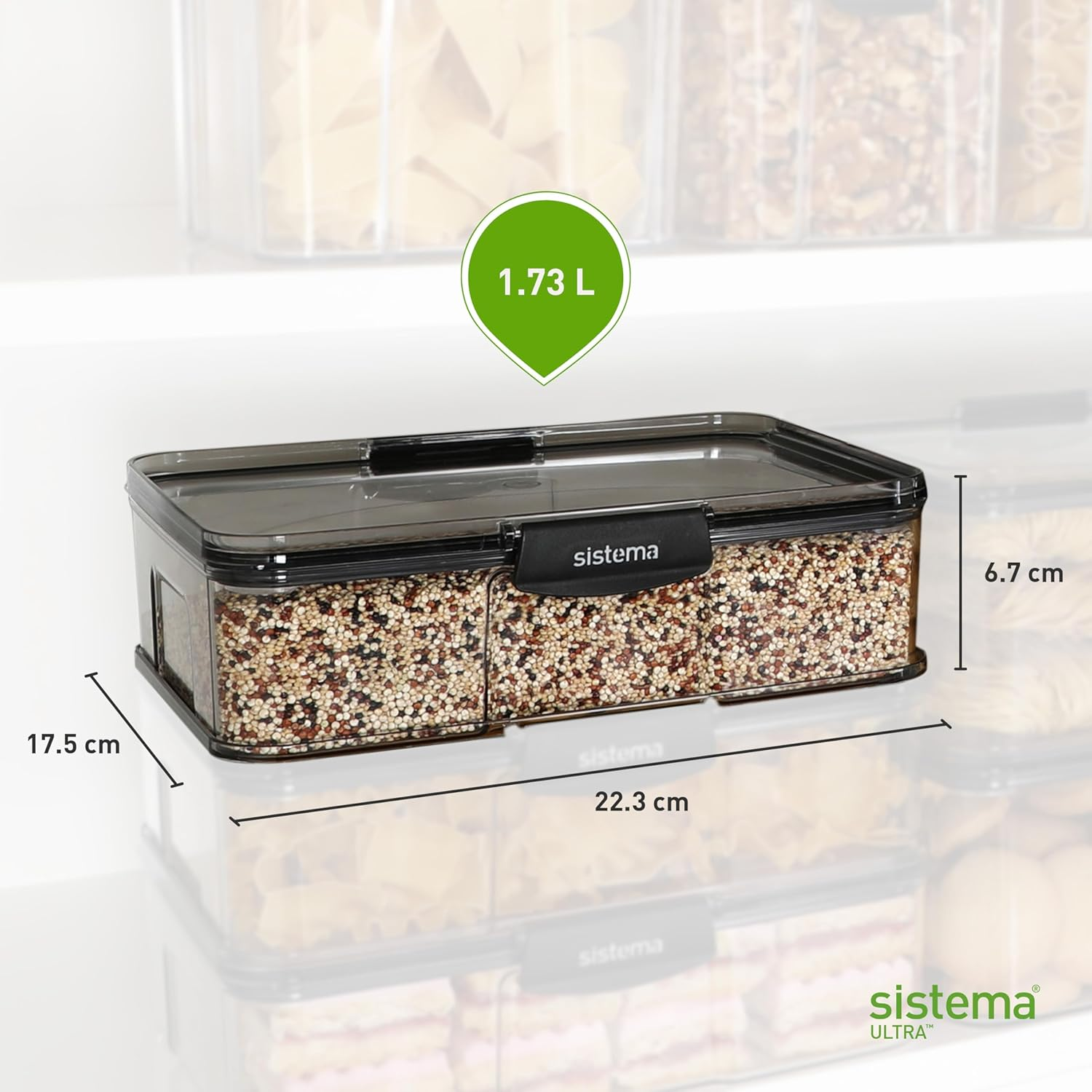 Sistema Ultra 1.73L Rectangle Food Storage Container | Stackable | Airtight Pantry Storage Container with Locking Clips | BPA & Phalate Free | Clear with Black Accents image number 6