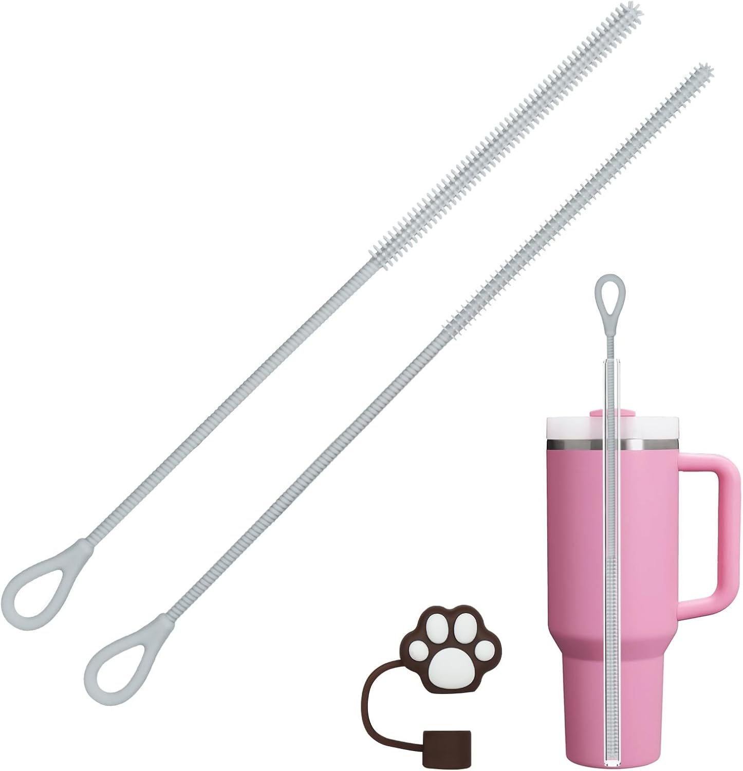 AYESY Silicone Straw Brush, 2Pcs 9.84In Extra Long Straw Cleaning Brush, Non-Slip Handle, Reusable Bendable Cleaning Tool for Cleaning Glass Metal Straws, 9Mm&6Mm