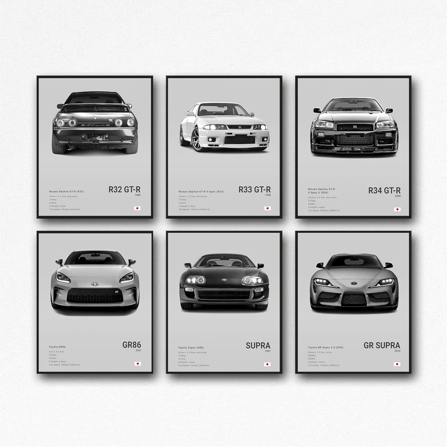 XUPUE JDM Racing Car Art Posters - Japanese Wall Art Prints for Boy'S Bedroom & Living Room Set of 6, Unframe Style 8X12Inch(20X30Cm) (Black)