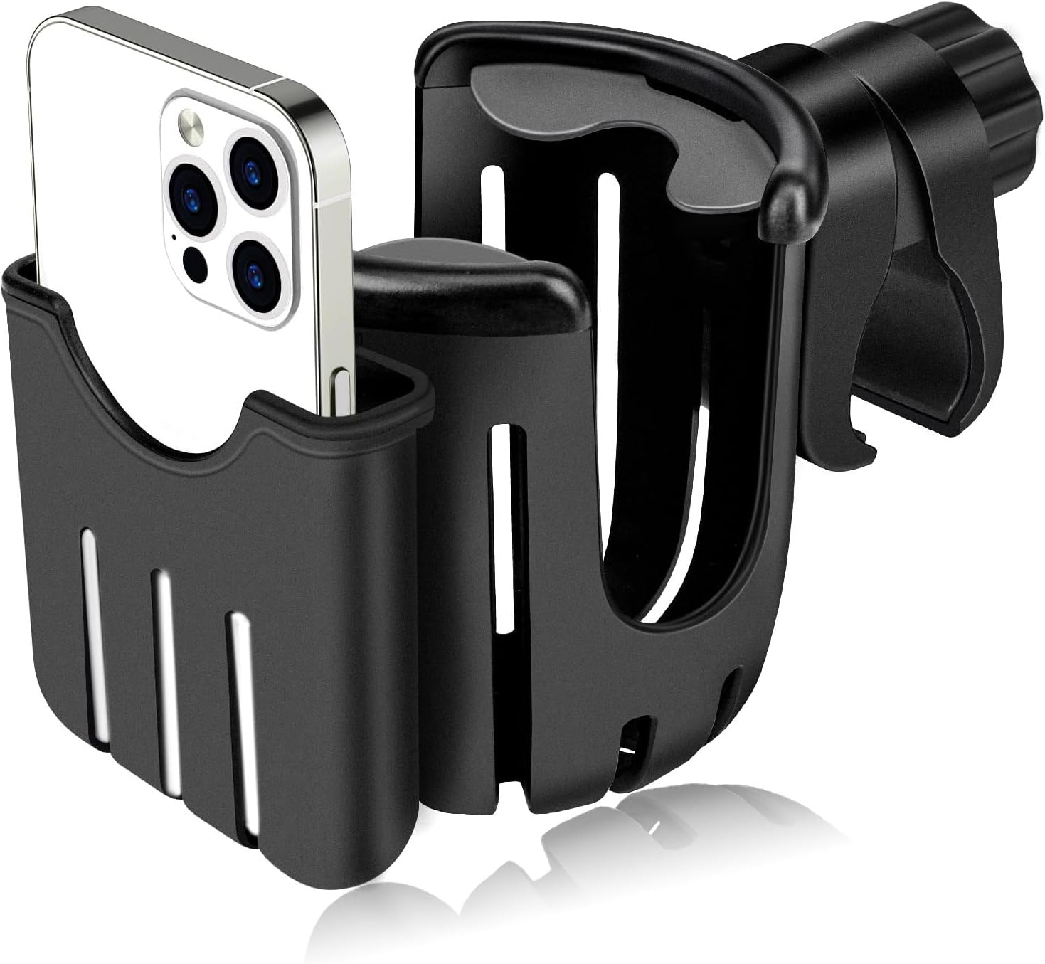 Heatunk Universal Cup Holder with Phone Organizer: Perfect for Strollers, Bikes, Wheelchairs, and More - Black image number 6