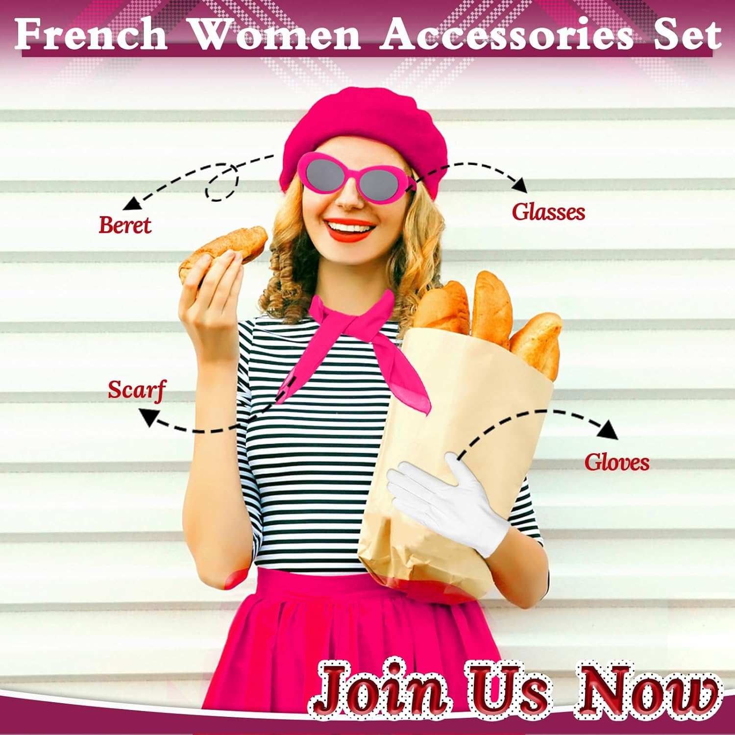 French Women Fancy Dress Costume Accessories Set French Artist Mime Kit with Red Beret Scarf Sunglasses Gloves for Women Girls Cosplay Party Supplies School Dress up Day image number 2