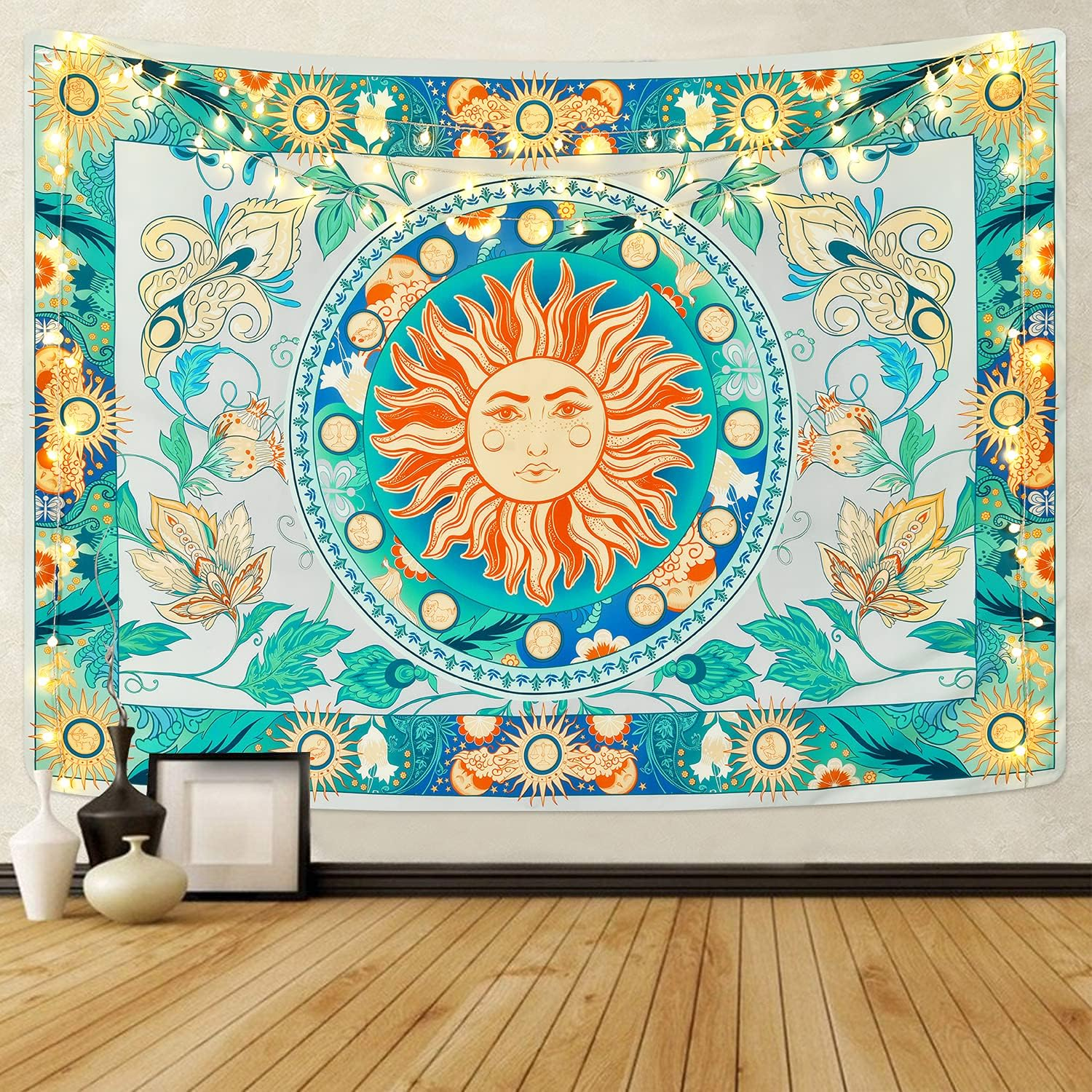 Lyacmy Burning Sun Tapestry with Flower Vines - Vintage Floral Mystic Hippie Wall Hanging for Room (Pale Cerulean, 51.2 X 59.1 Inches)