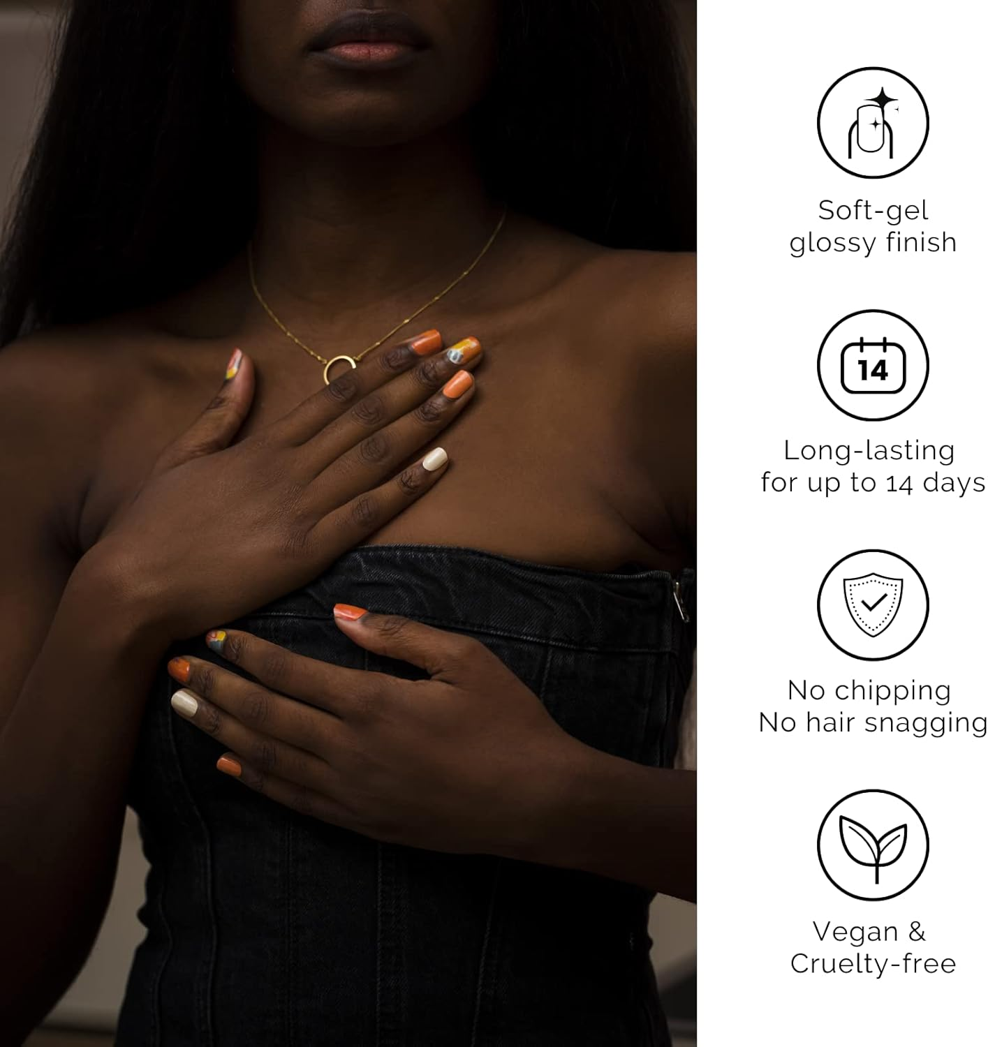 NAILOG Semi Cured Gel Nail Strips (20 Extra Long Nail Stickers) | Glossy & Long Lasting Soft Gel Finish Nail Wrap| Orange & White | Masterpiece image number 5