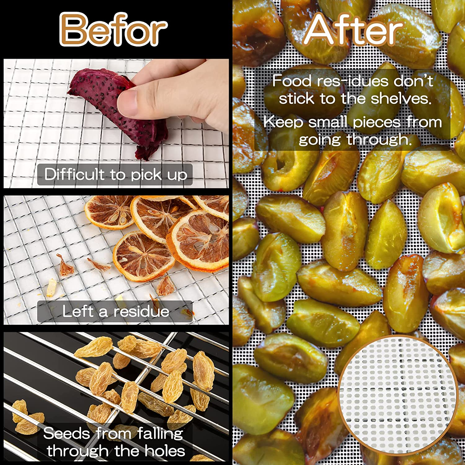 Dostk (6 Pack) Silicone Dehydrator Sheets, Premium Non Stick Dehydrator Mats for Fruit Dryer Mesh, Dehydrator Tray Liner Reusable (14 X 14 Inch) image number 3