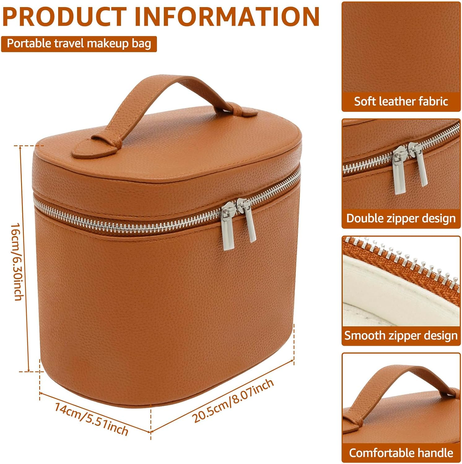 NIPUAEGO Vanity Case Makeup Bag, Smooth Zipper Design Portable Cosmetic Leather Make up Case with Handle for Shopping Travel Date Party 20.5&times;14&times;16Cm image number 5