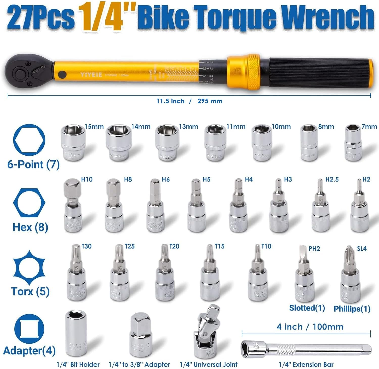 YIYEIE 1/4 Inch Drive Bike Torque Wrench, 1-25 Nm (10-222.5 In.Lb), 27 PCS Click Bicycle Torque Wrench with Bit Sockets, 0.1 Nm Micro, 72-Tooth Ratchet, 3/8 Adapter, for MTB, E-Bike, Motorcycle image number 1