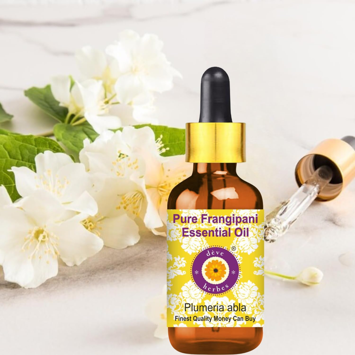 Deve Herbes Frangipani Essential Oil (Plumeria Alba) with Glass Dropper Steam Distilled 10Ml (0.33 Oz)