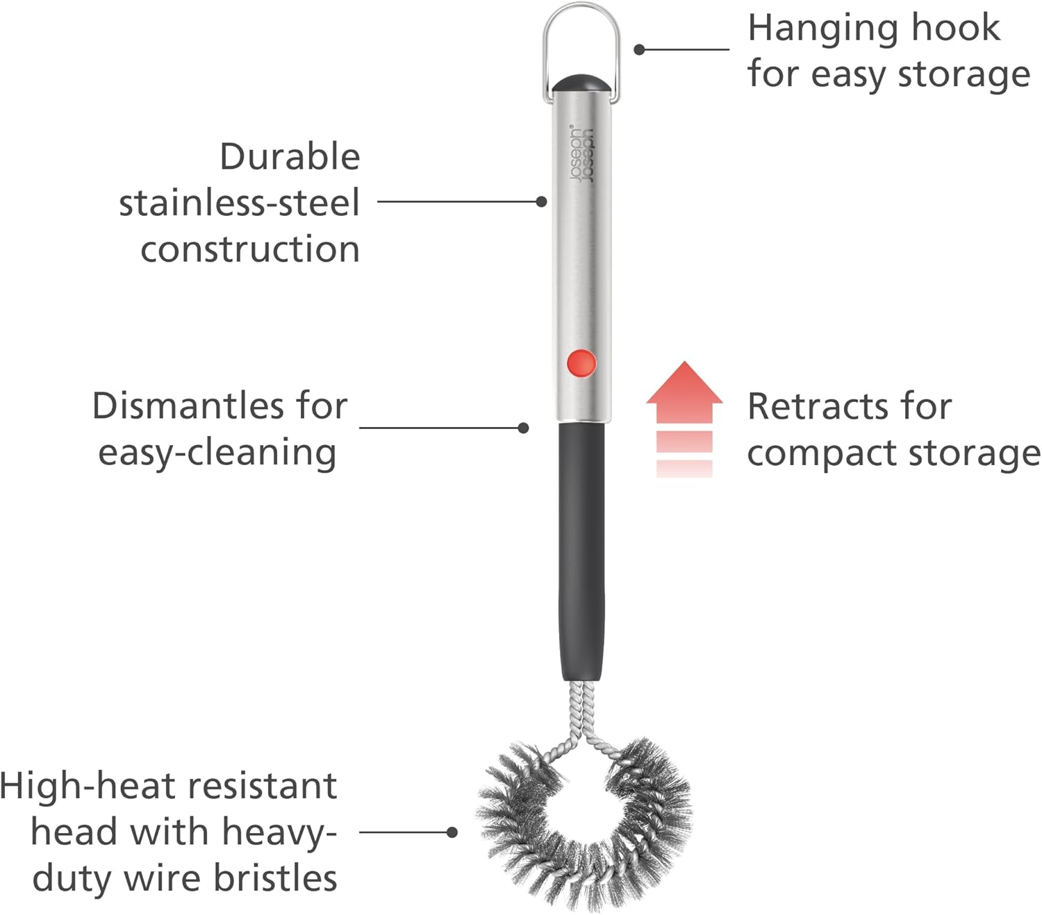 Joseph Joseph Grillout Heavy-Duty BBQ Cleaning Brush, Retractable Head with Wire Bristles, Stainless Steel Handle, Easy to Clean image number 5
