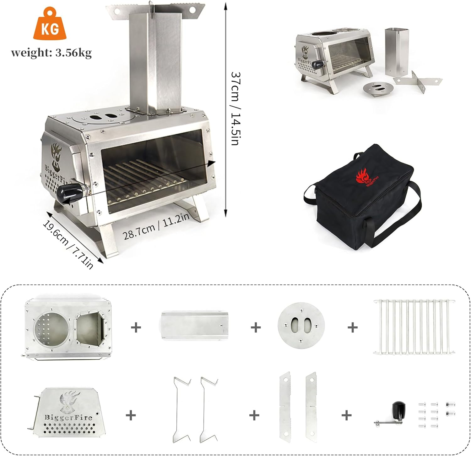 Biggerfire Rocket Stove Stainless Steel Countertop Mini Wood Stove Detachable Portable Wood Burning Stove with Chimney and Carrying Bag for Outdoor Cooking Coffee Making Warming Lighting Fire Watching