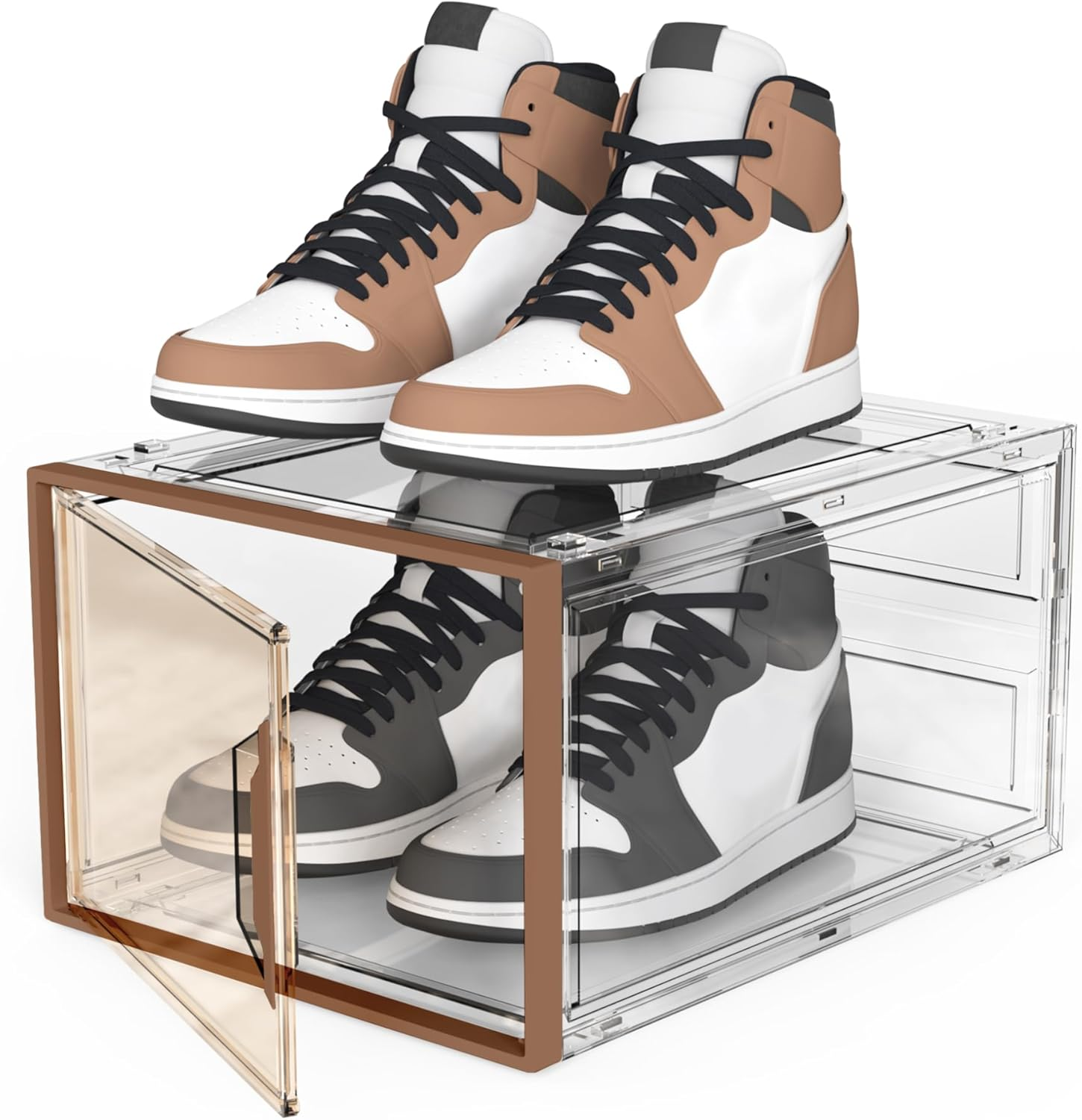 SEE SPRING 6 Packs Large Hard Plastic Shoe Organizer Box Compatible with Christian Louboutin Magnetic Door, Sturdy Stackable Clear Bins, Toy Storage, Entryway Rack (6 Packs - Coffe&Clear) - Coffeclear image number 4