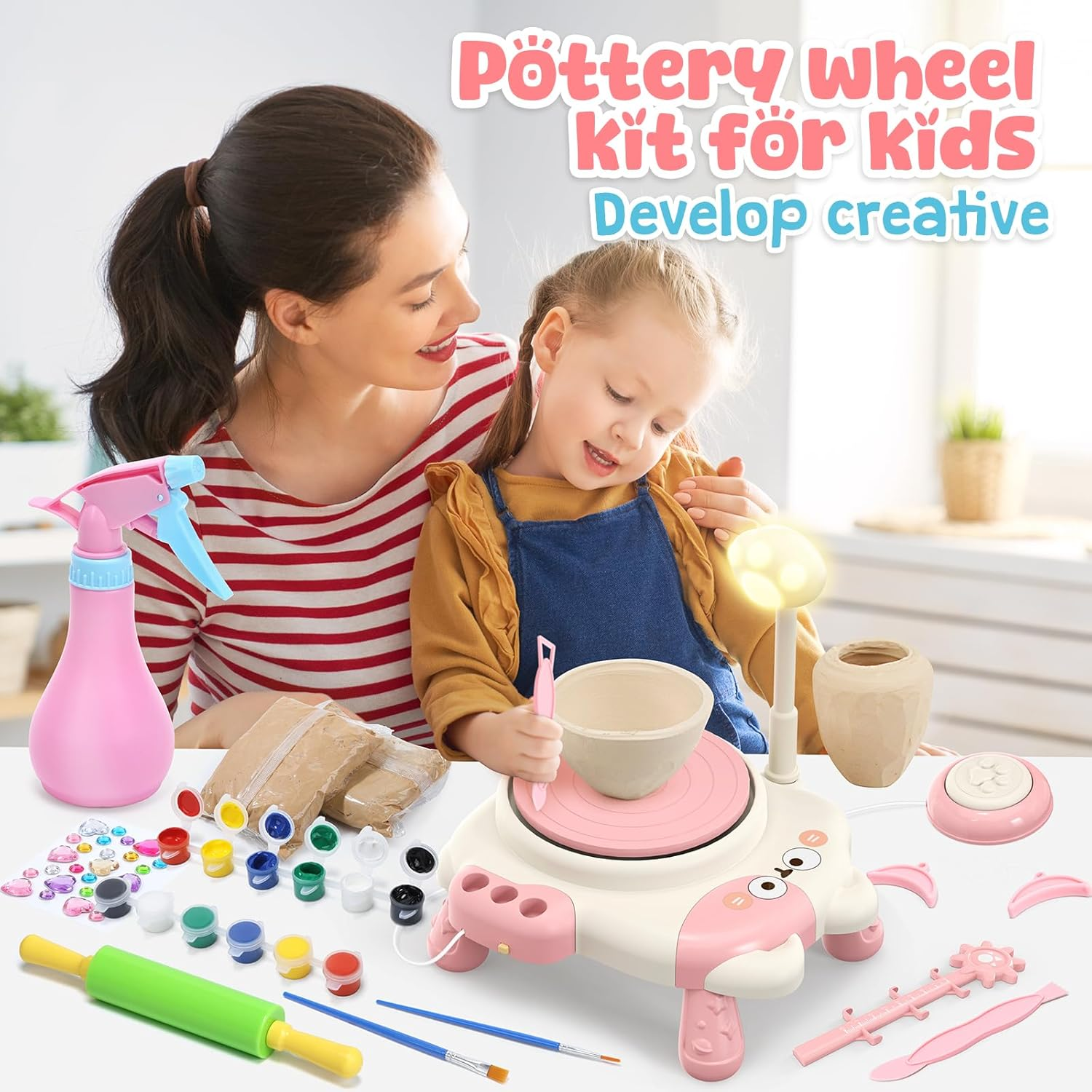 Skirfy Mini Pottery Wheel Machine Kit for Beginners Kids with Light,Electric Ceramic Wheel with Foot Pedal&Painting Kit, Adjustable Speed, Tiny Clay Spinner DIY Tools for Art Craft,Toy for Kids Age 6+ image number 5