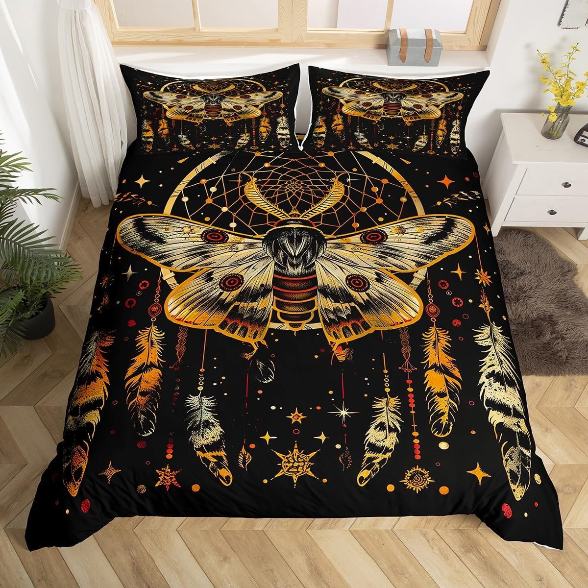 Death Psychedelic Moth Duvet Cover Single Size,Star Moon Comforter Cover for Adults Kids Bedroom Decor,Dream Catcher Feathers Exotic Charm Decorative Bedding Set(No Comforter),1 Pillowcase image number 2