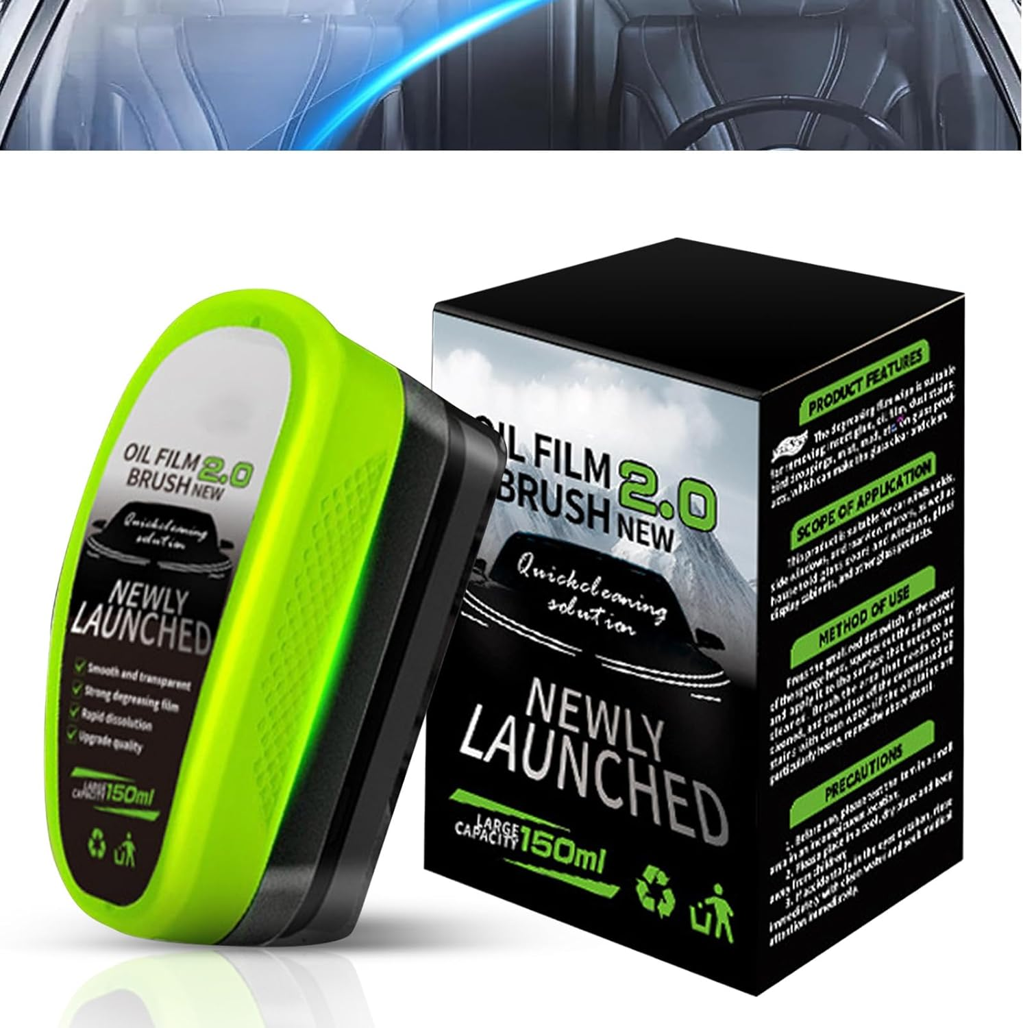 Automotive Oil Film Cleaning Brush, 2025 New 2.0 Green 150Ml Oil Film Wipe, Car Glass Oil Film Cleaner for Windshield, Oil Film Cleaning Brush, Glass Oil Film Remover, Improves Clarity (1Pic) image number 3