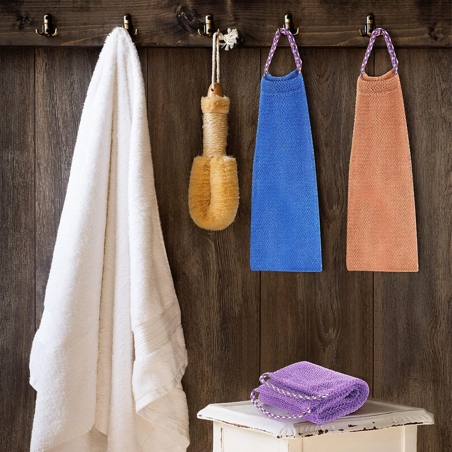 Tegeme 3 Pieces African Net Sponges Back Scrubbers Bathing Exfoliating Smoother Long Nylon Net Body Shower Loofahs Cloth with Pull Strap for Women Men Daily Handles Washcloth Wash Purple Blue Coffee image number 2