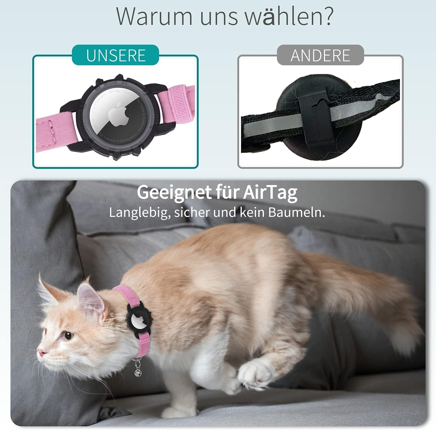 Airtag Cat Collar, Integrated Apple Air Tag Cat Collars, Soft GPS with Airtag Holder and Bell, Lightweight Tracker Collar, Girls/Boys Cat (Pink) image number 6