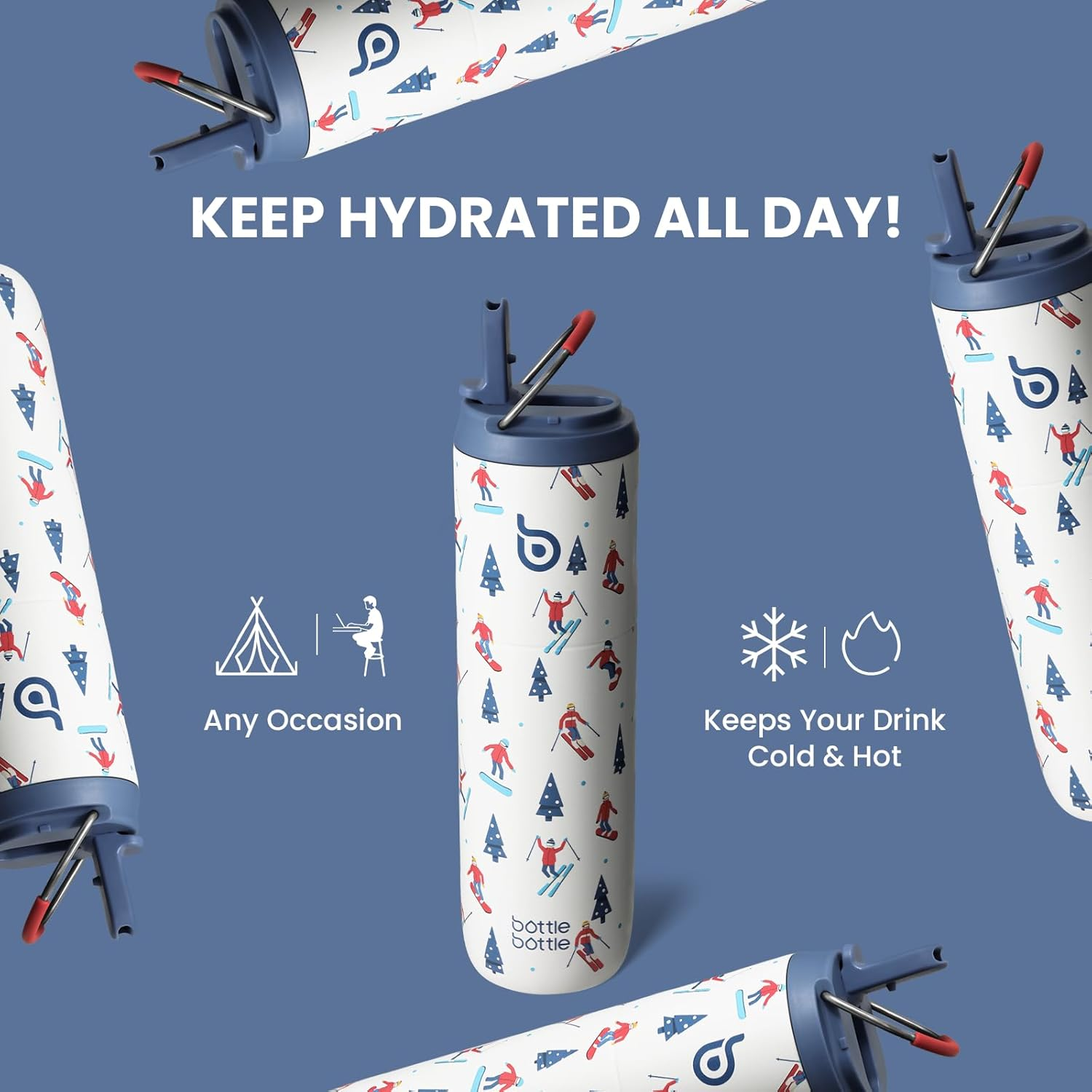 Bottle Bottle Insulated Stainless Steel Water Bottle 750 Ml with Straw, Lid & Handle - Leak-Proof, Bpa-Free, Double Walled - Ideal Water Bottle for Sports, Travel & Fitness (Skiing)