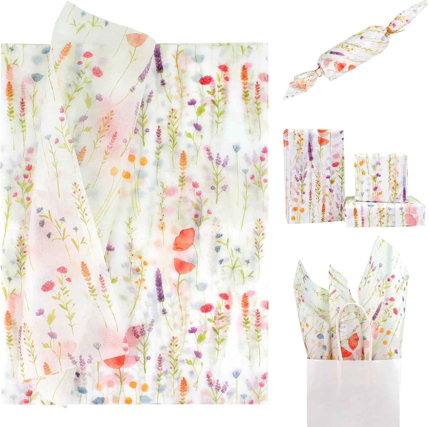 20 Sheets 35 X 50 Cm Lavender Floral Printed Tissue Paper Wrapping, Flower Patterned Tissue Wrapping Paper Bulk for Grils, Her Birthday, Moms Gift Bags Filling Product Wrap image number 2