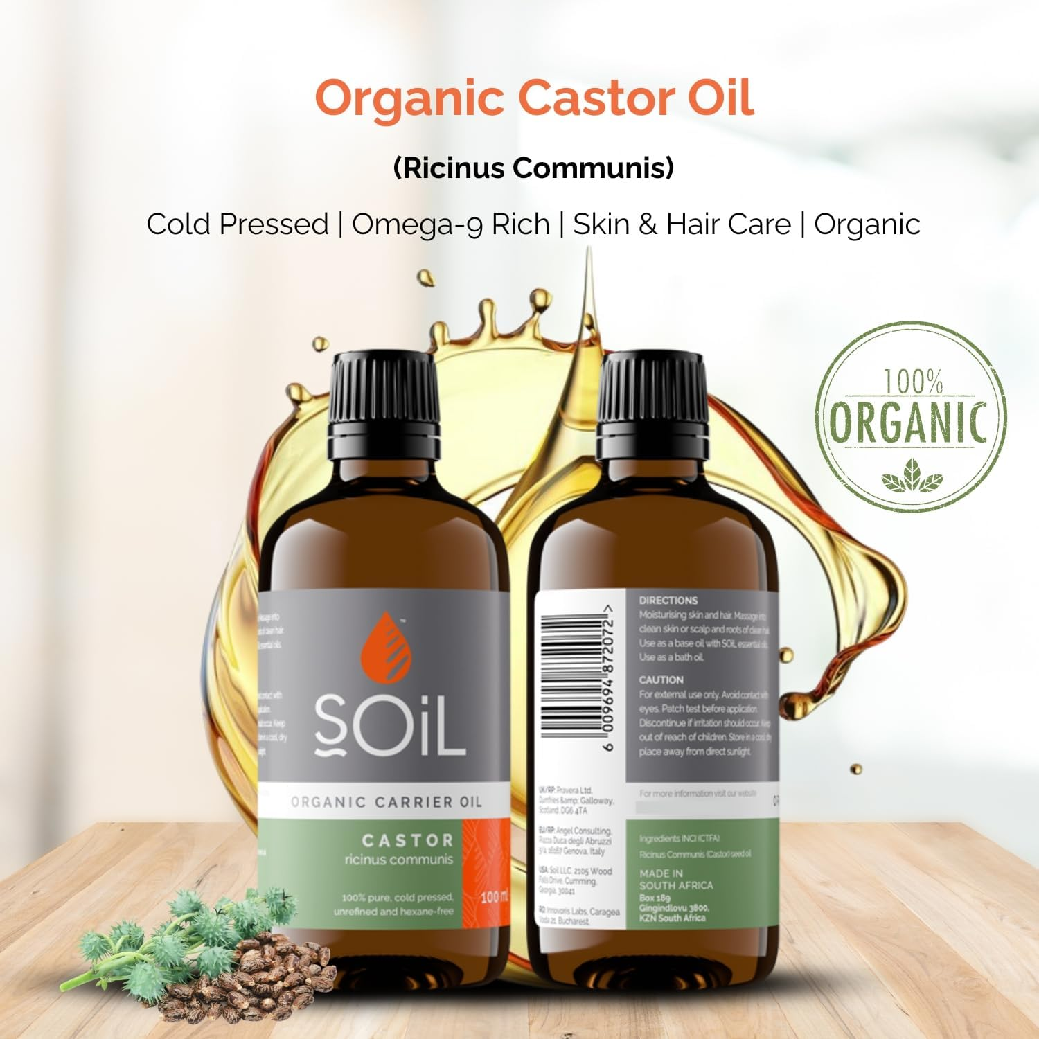 Soil Organic Castor Oil, Hydrating, Nutrient-Filled, Antioxidant-Rich, Suitable for All Hair and Skin Types, Sustainably Sourced from Seeds of the Castor Plant&rsquo;S Bean, 100Ml image number 3