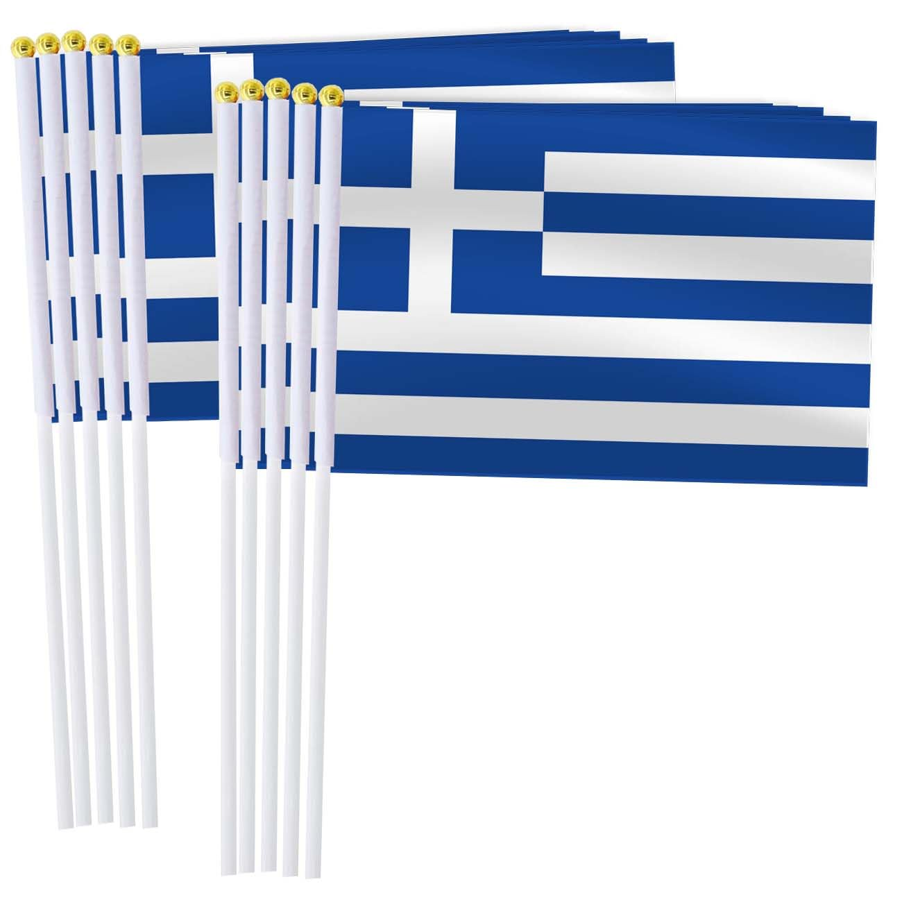 Greece Handheld Small Flag Set,10 PCS 5&times;8 Inch Mini Greek Hand Held Banner,Tiny Digital Printed Polyester Banner