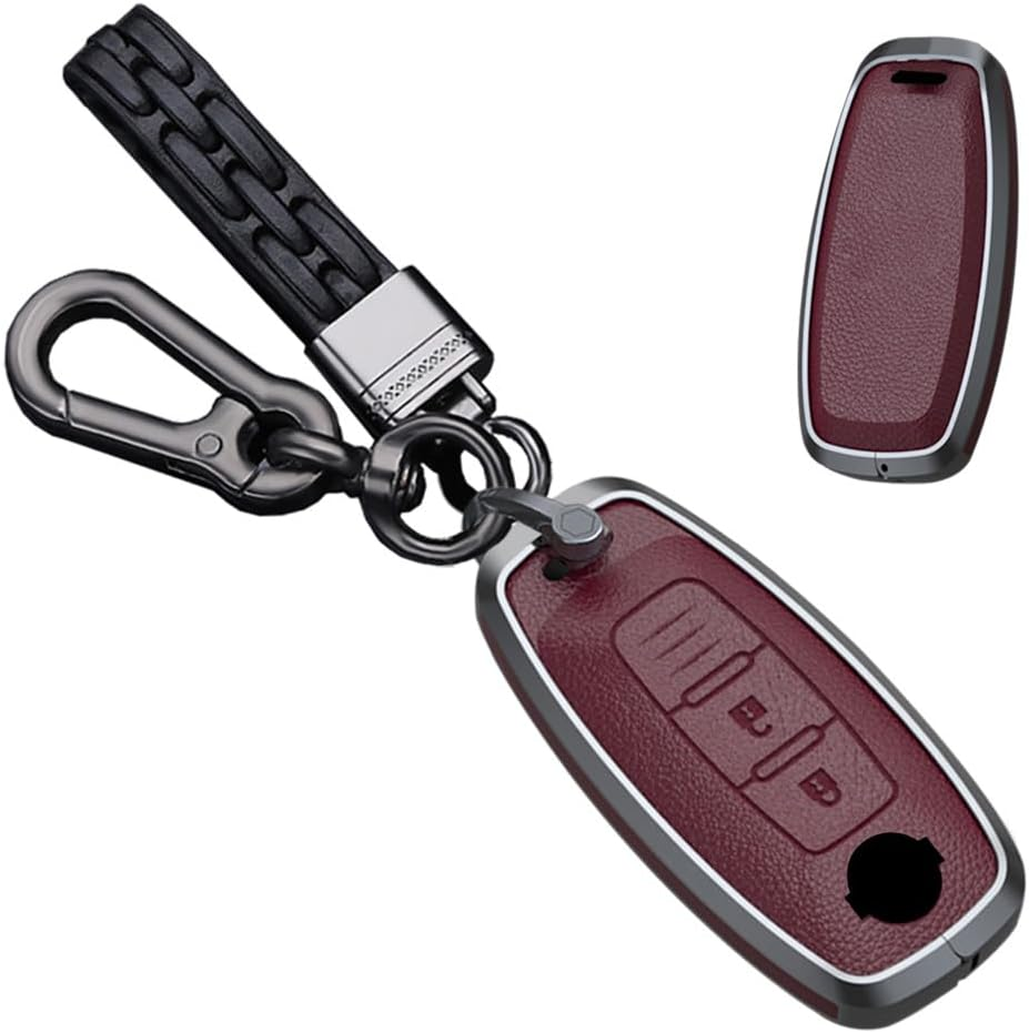 Key Fob Cover Case Metal Key Shell Full Protection Fit for Nissan Ariya Kicks X-Trail Rogue Leather Key Cover 3 Button, a Leather-Keychain-White