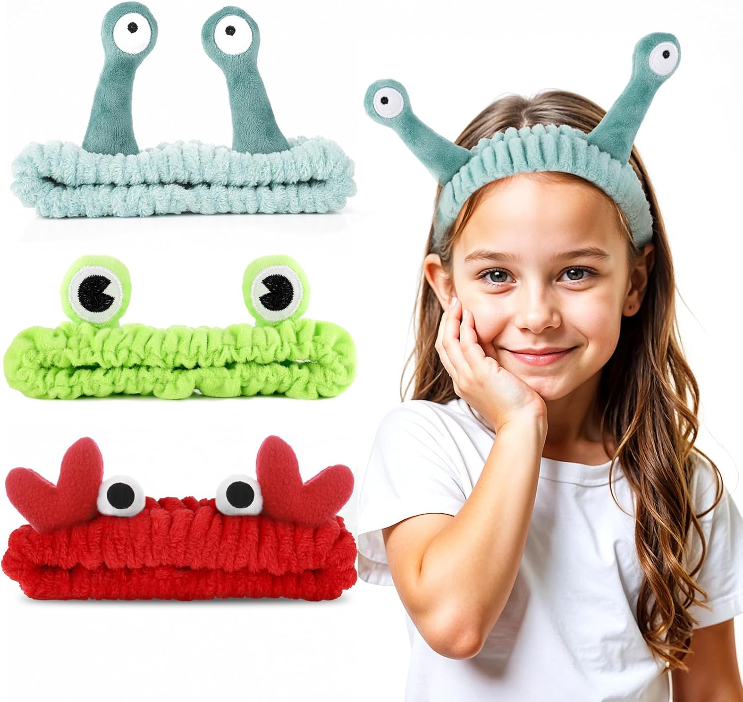 3PCS Face Wash Headband Snail Frog Crab Spa Hair Bands Women Soft Cute Cartoon Coral Fleece Elastic Headband Head Wraps for Face Wash Makeup Beauty Skincare Sport Shower Creative Hair Accessories image number 5