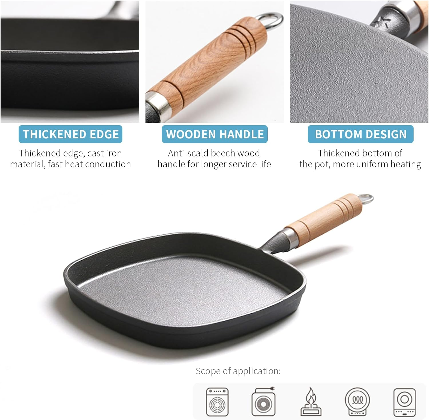 Cast Iron Grill Pan,8.6 Inch Steak Frying Pan 22Cm Square Grill Pan with Protective Wooden Handle for Kitchen BBQ Home Outdoor image number 6