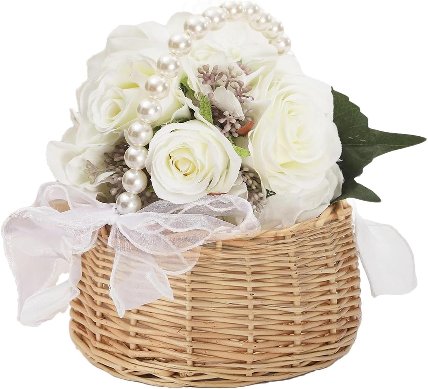 Wicker Flower Basket,Pearl Handle Bow Ribbon Wedding Petal Basket | Fairy Handwoven Easter Rattan Basket for Wedding Petal, Home Decor, Toys Sundries - L image number 6