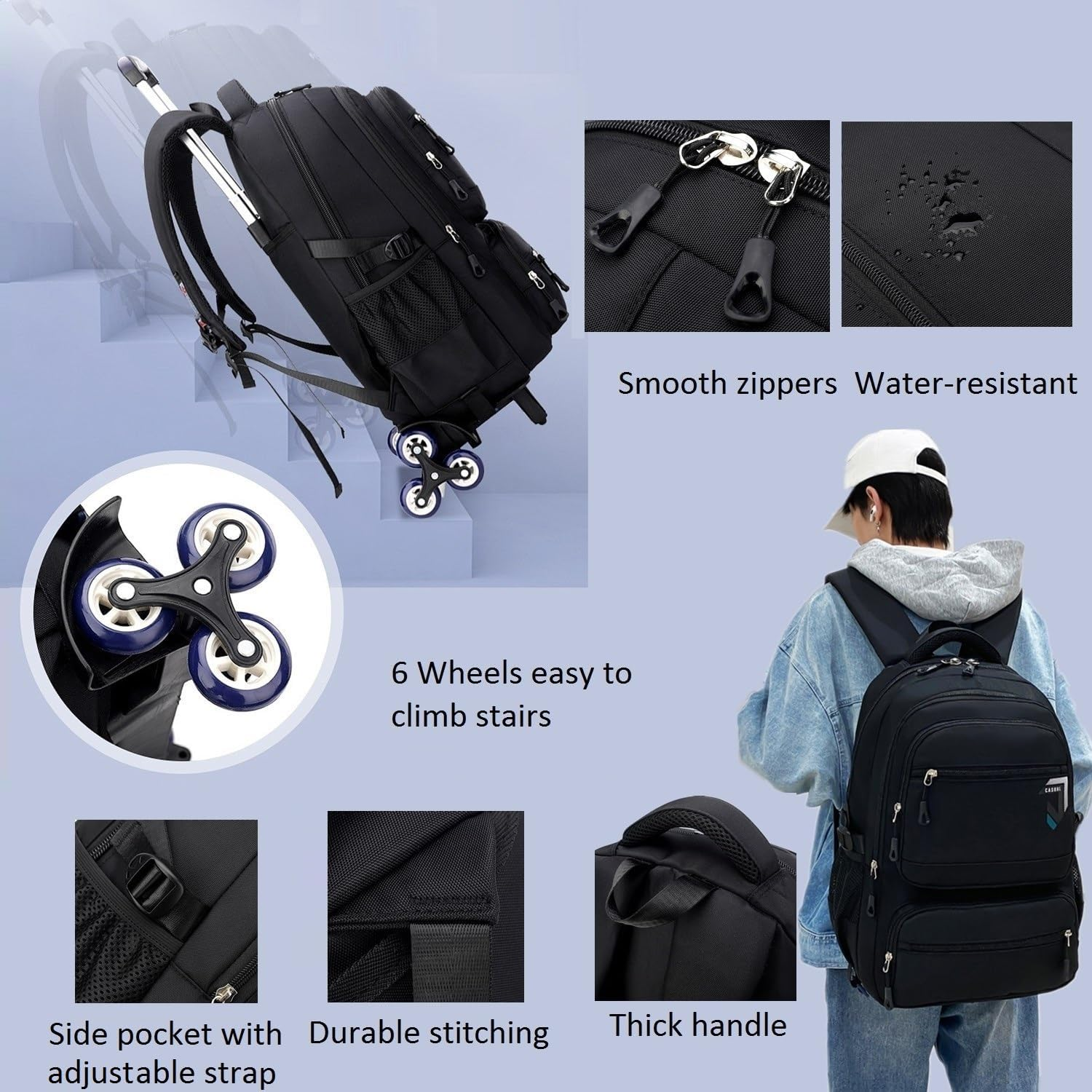 ETAISHOW Rolling Backpack for Boys Trolley Bookbag with Wheels for Adults Wheeled Luggage Laptop Backpack for Men