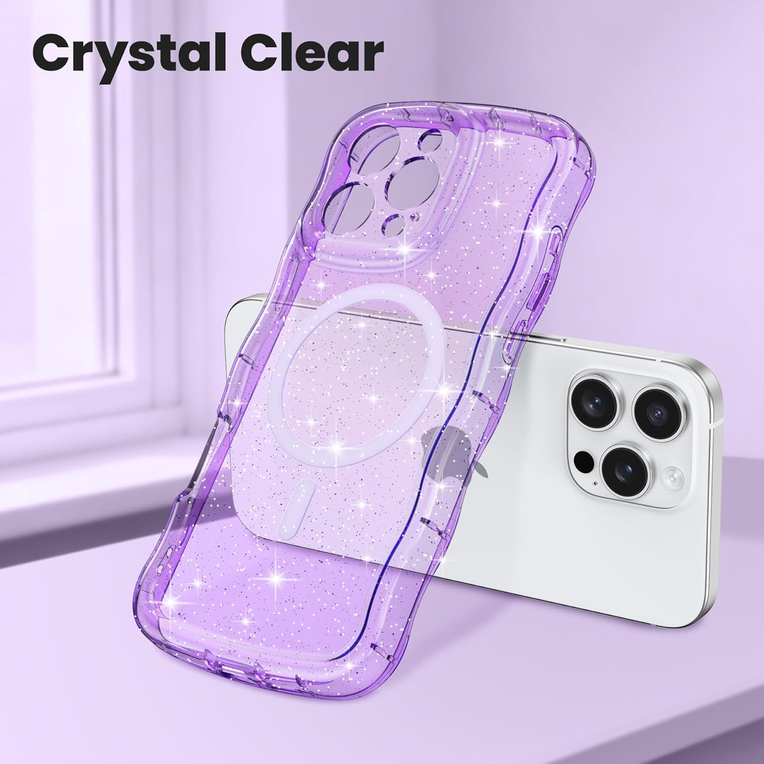 ZTOFERA for Iphone 16 Pro Case, Compatible with Magsafe,Clear Cute Sparkly Bling Glitter Curly Wavy Frame for Women Girls Men,Phone Case for Iphone 16 Pro, Purple image number 2