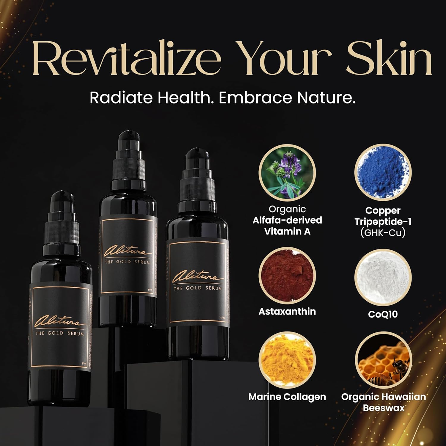 Alitura Naturals New Gold Serum for Face and Skin with Collagen - the Best All Natural & Organic Anti-Ageing Retinol Moisturiser Cream with Hyaluronic Acid for All Skin Types- 50Ml